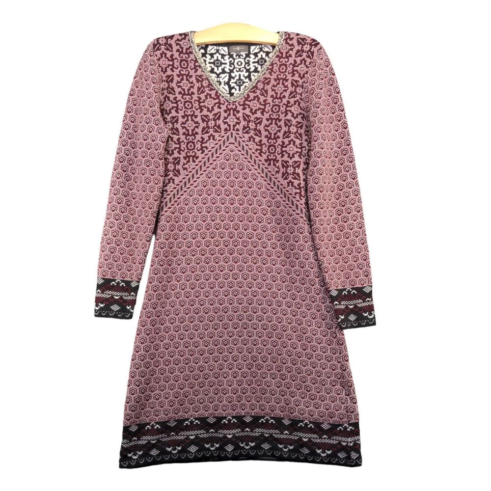 Surkana Women's A-Line Dress Medium Long Sleeve Multicolor Argyle V-Neck Cotton